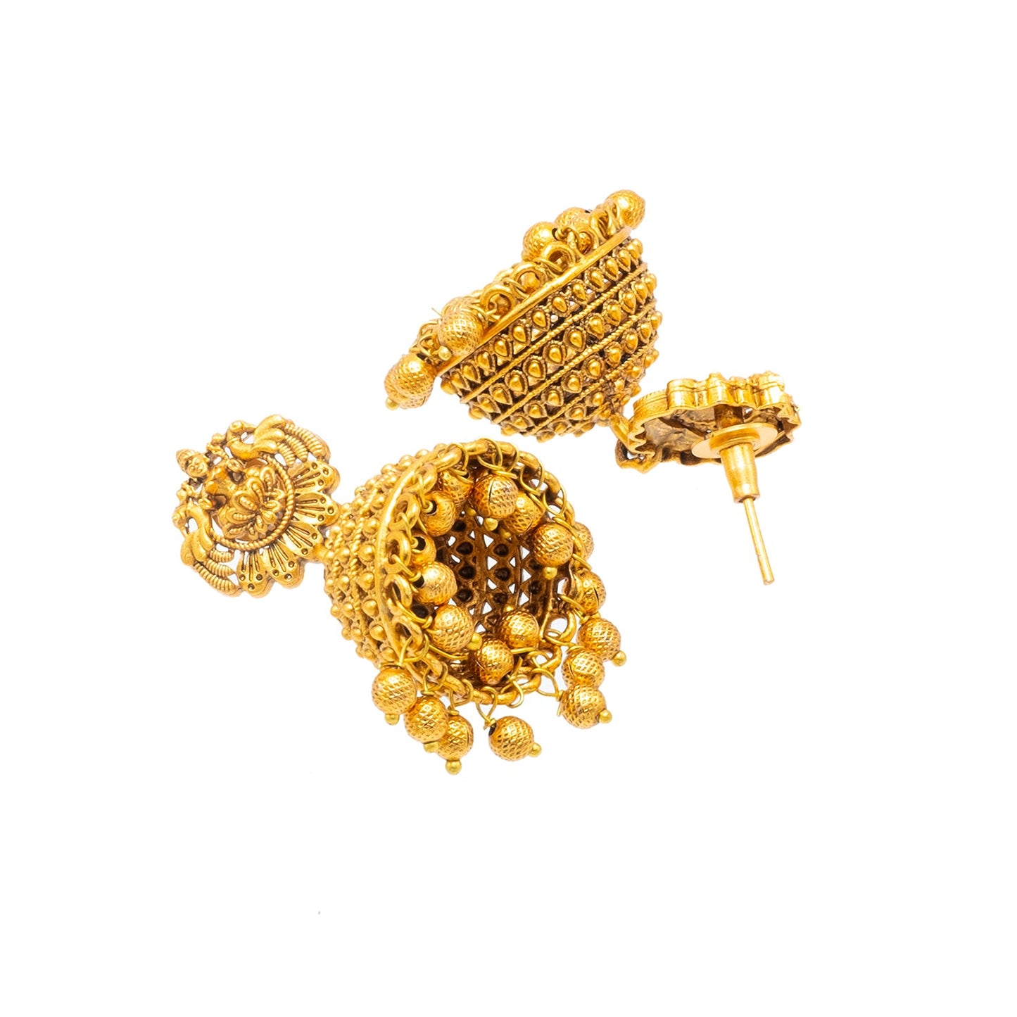 Traditional Indian Temple jewellery inspired Matte Gold-Plated Jhumka Medium Size Earrings with Kundan & Pearl for (Brides) Women - Laxmi Design (SJE.320_D2)