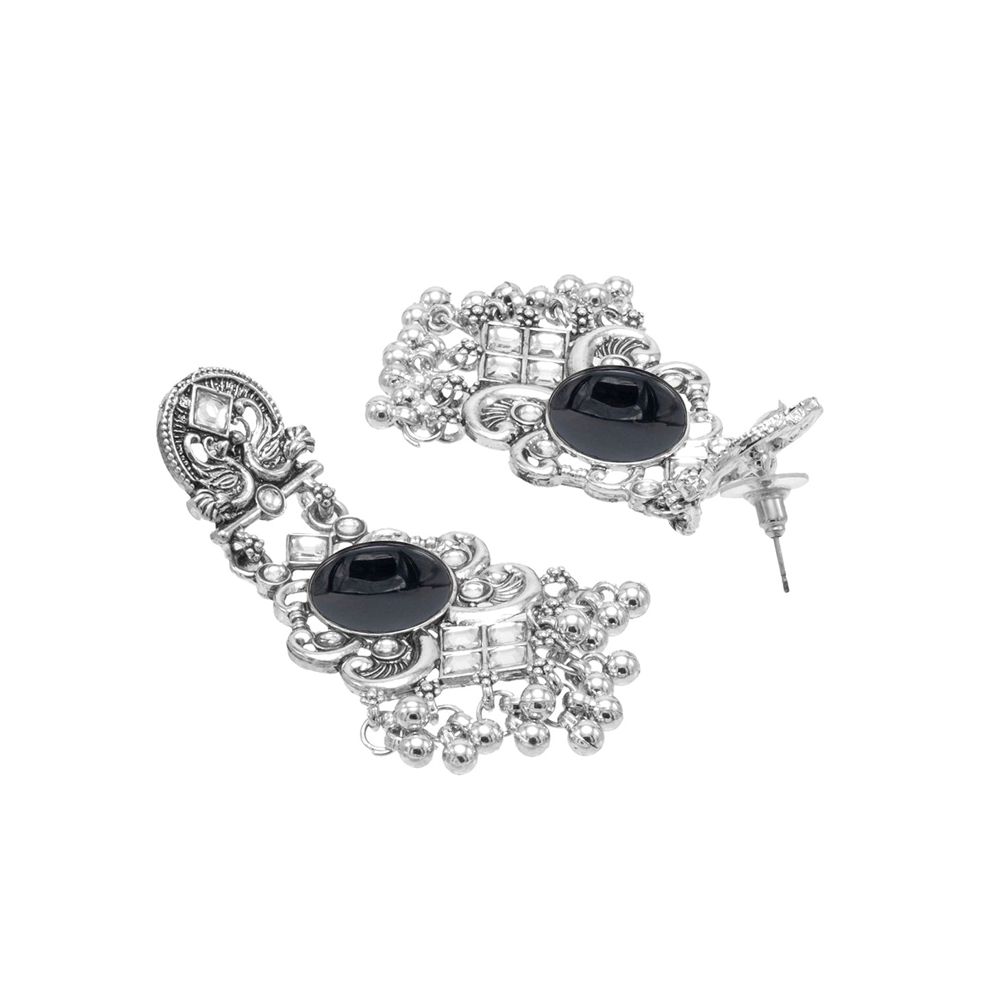 Oxidised CZ, Crystal, Pearl, Antique Silver Plated Medium Drop Partywear Earrings for Women - (SJE_322_BK)