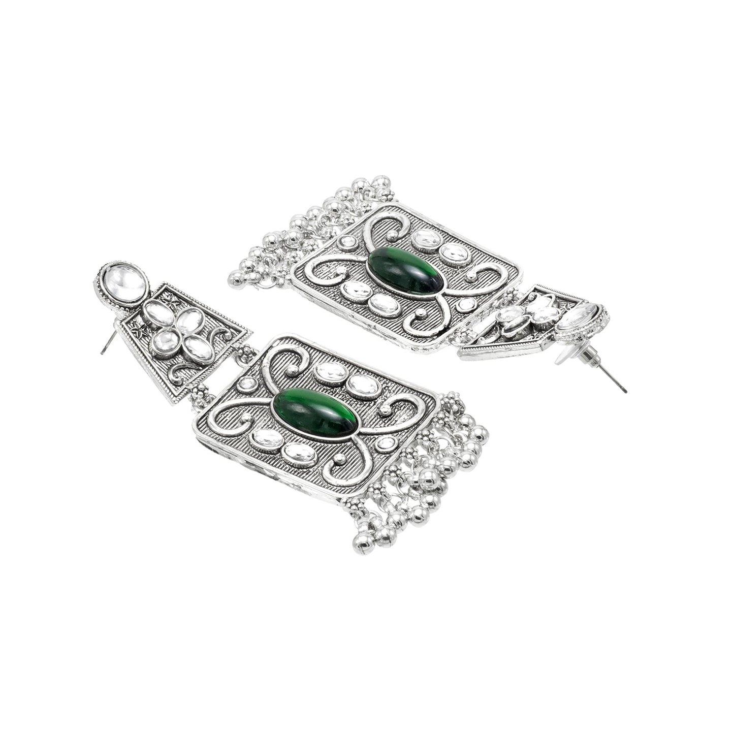 Oxidised CZ, Crystal, Pearl, Antique Silver Plated Medium Drop Partywear Earrings for Women - (SJE_323_G)