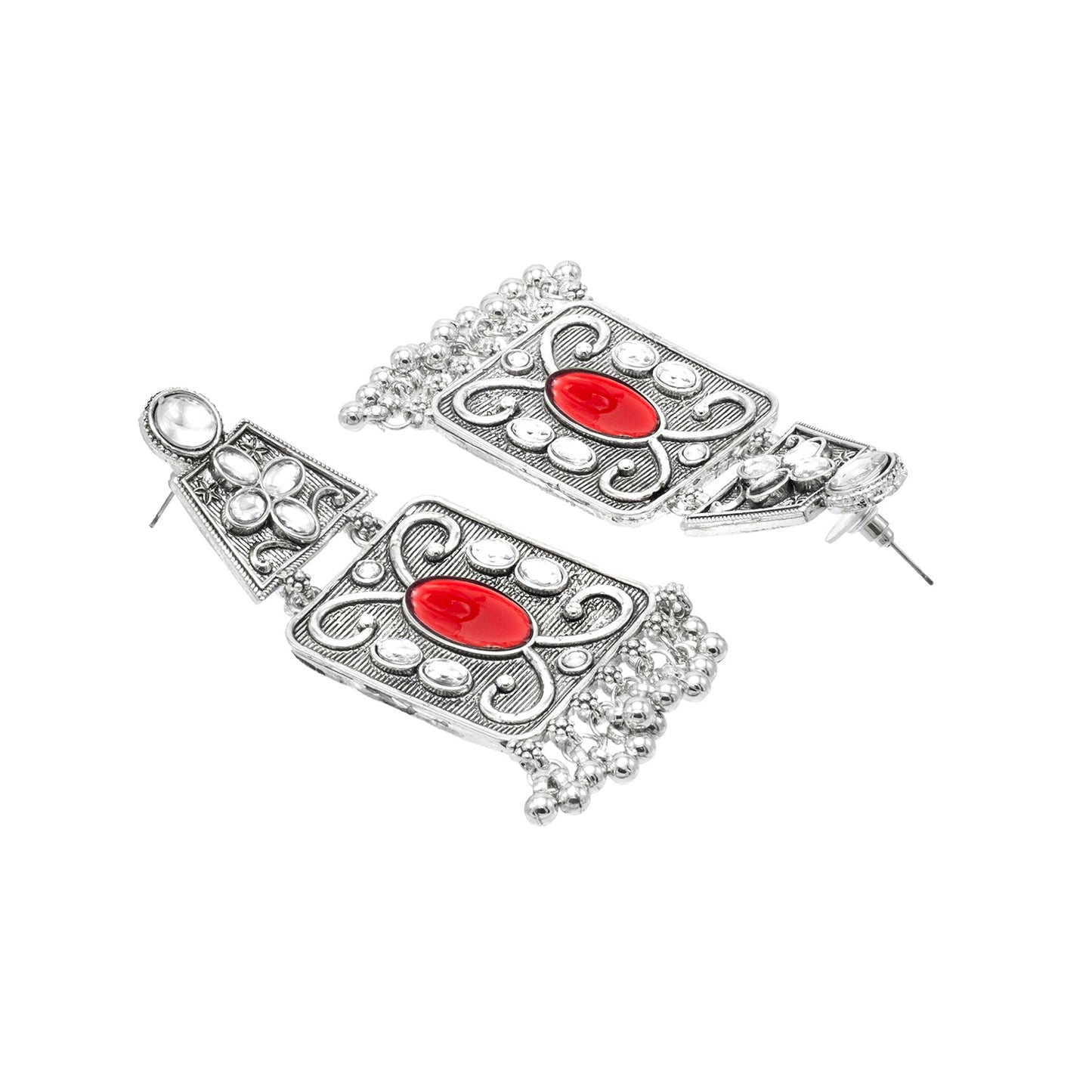 Oxidised CZ, Crystal, Pearl, Antique Silver Plated Medium Drop Partywear Earrings for Women - (SJE_323_M)