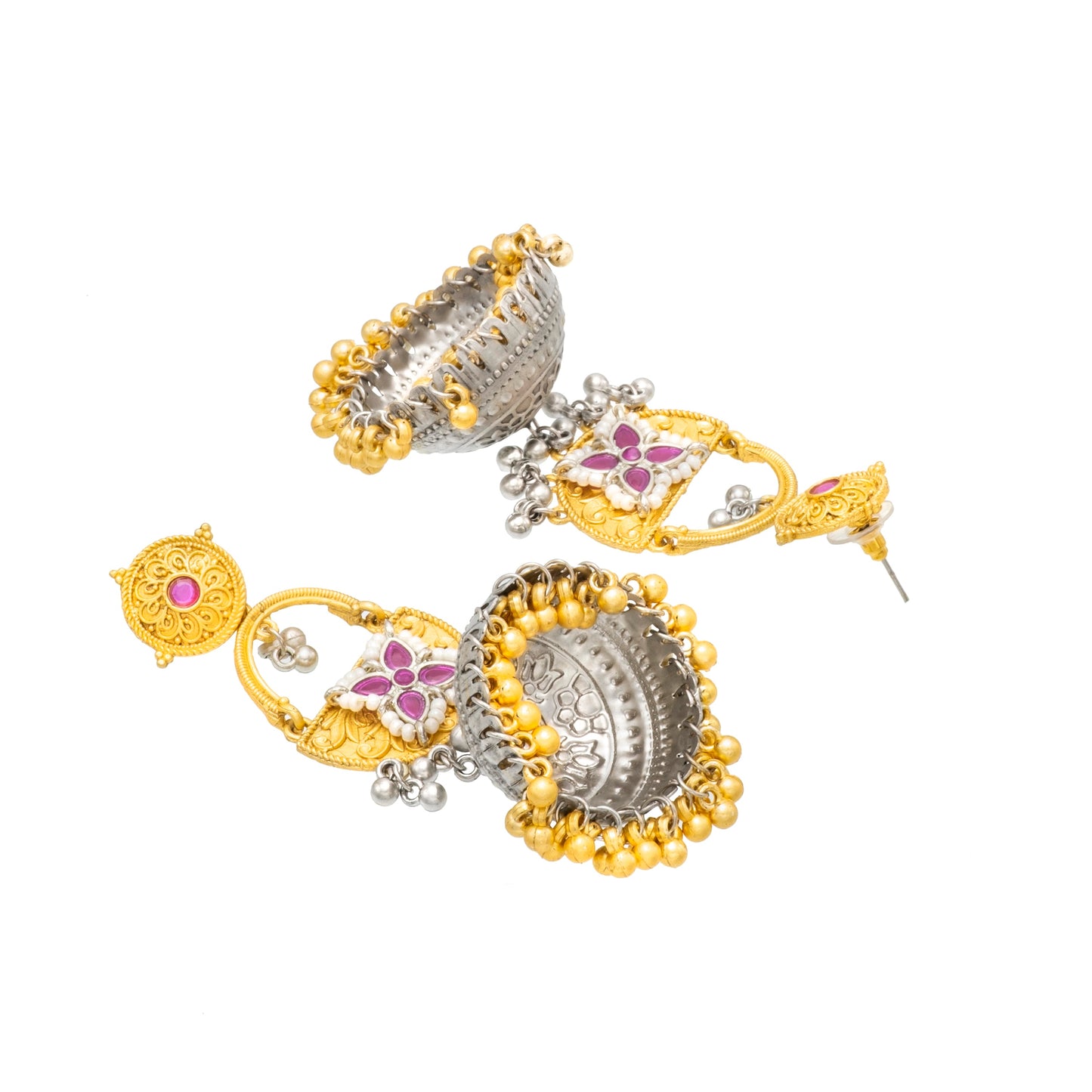 Shining Jewel- by Shivansh Traditional Indian Matte Dual Two Tone Plated CZ, Pearl Studded Over-sized Jhumka Earring for Women - Maroon (SJE_328_M)