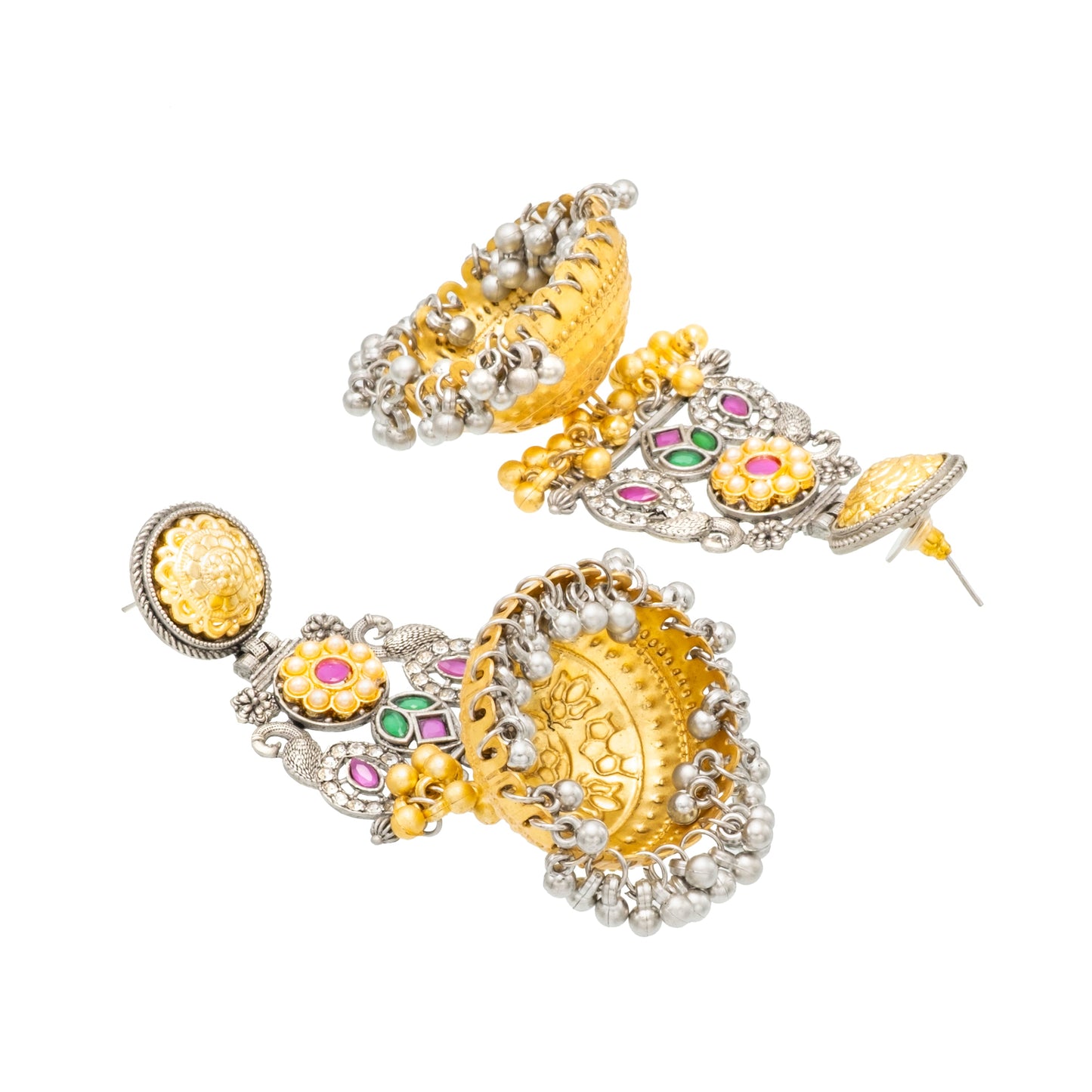 Shining Jewel- by Shivansh Traditional Indian Matte Dual Two Tone Plated CZ, Pearl Studded Over-sized Jhumka Earring for Women - Red and Green (SJE_331_RG)