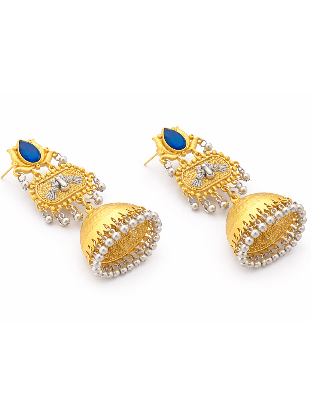 Traditional Indian Dual Two Tone Plated CZ, Pearl Studded Over-sized Jhumka Earring For Women - Blue (SJE_332_BL)
