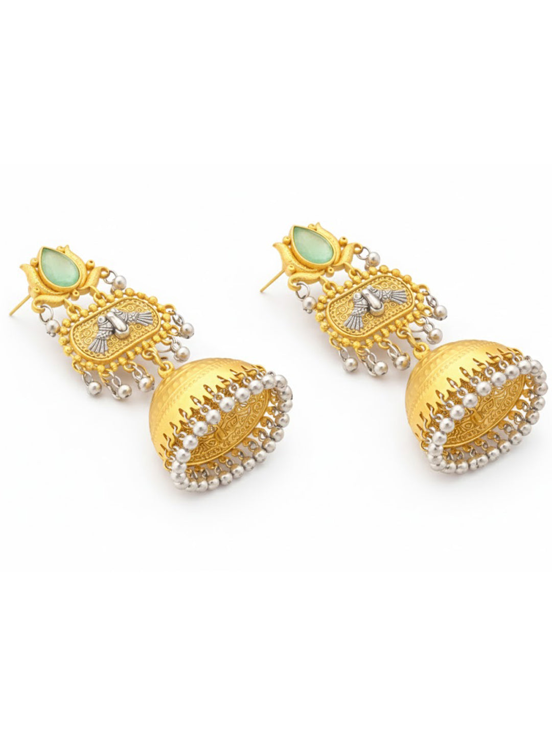 Traditional Indian Dual Two Tone Plated CZ, Pearl Studded Over-sized Jhumka Earring For Women - Light Green (SJE_332_LG)