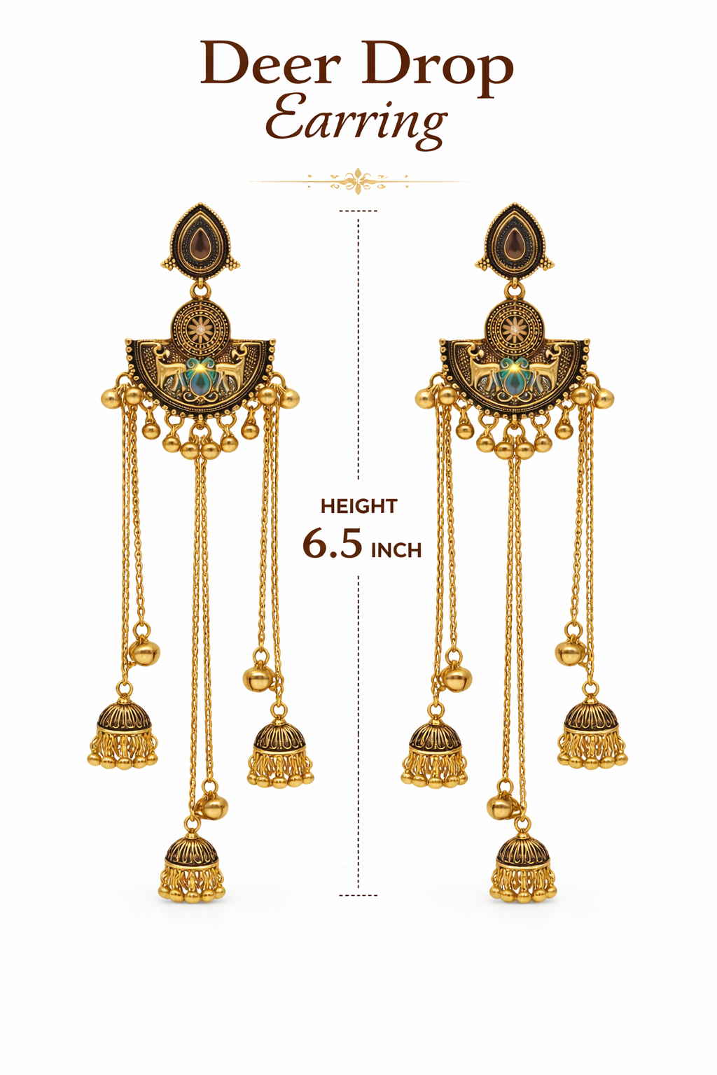Antique Gold Oxidised Plated Long Dangler Ghungroo Jhumka Earrings with Black Stone & Chain Tassels For Women (SJE_334_G_D4)