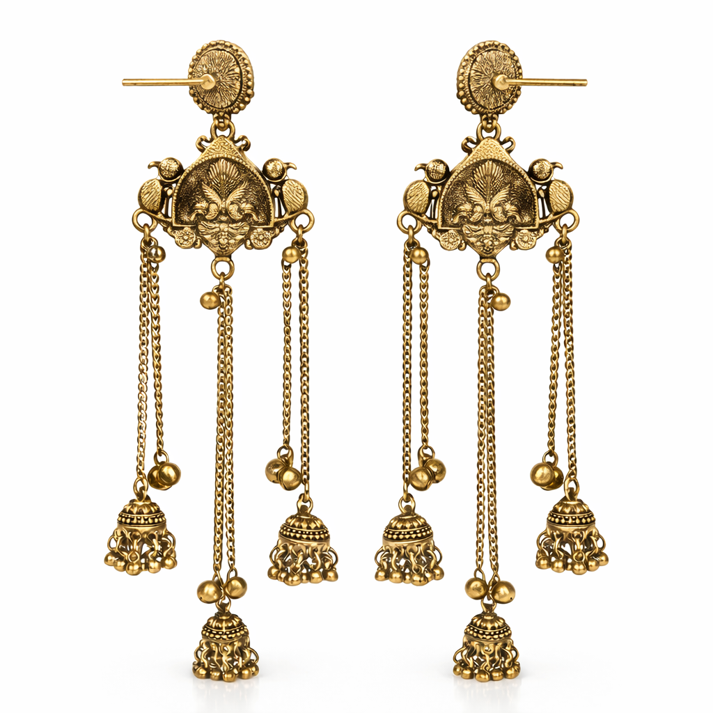 Antique Gold Oxidised Plated Long Dangler Ghungroo Jhumka Earrings with Black Stone & Chain Tassels For Women (SJE_334_G_D5)