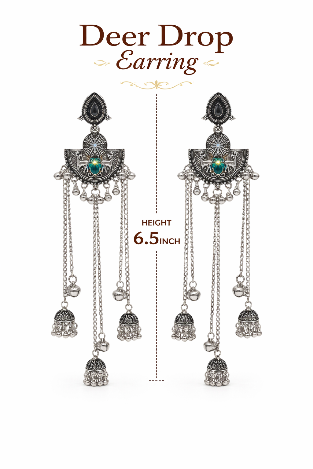 Antique Silver Oxidised Plated Long Dangler Drop Ghungroo Jhumka Earrings with Black Stone & Chain Tassels For Women (SJE_334_S_D4)
