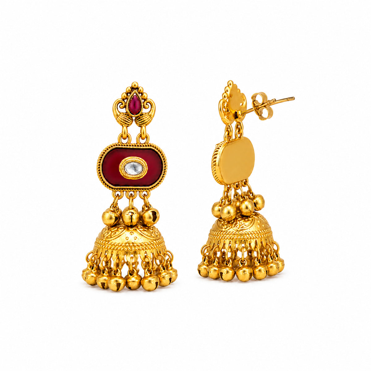 Matte Gold Plated Medium Size Jhumka Earings with Kundan Polki Ghungroo Pearls for Women - Maroon (SJE_337_M)