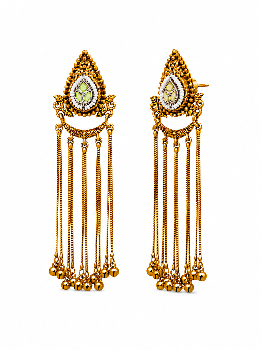 Matte Gold Plated Drop Chandelier Earrings with Ghungroo for Women - Light Green (SJE_339_LG)