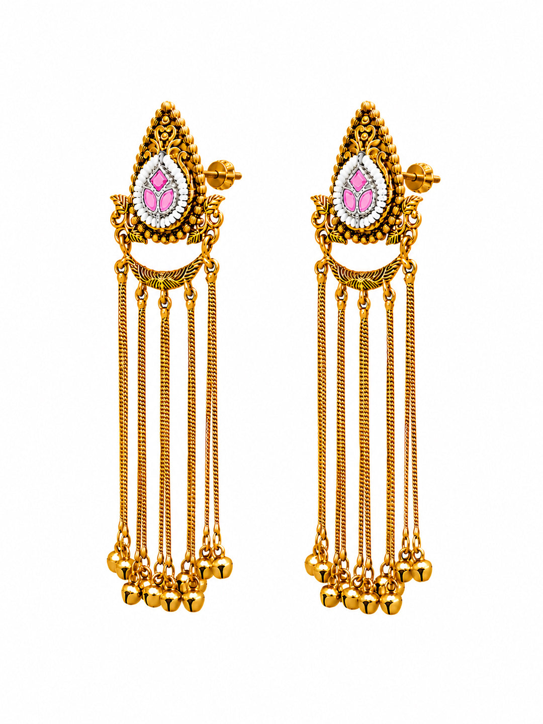 Matte Gold Plated Drop Chandelier Earrings with Ghungroo for Women - Light Pink (SJE_339_LP)