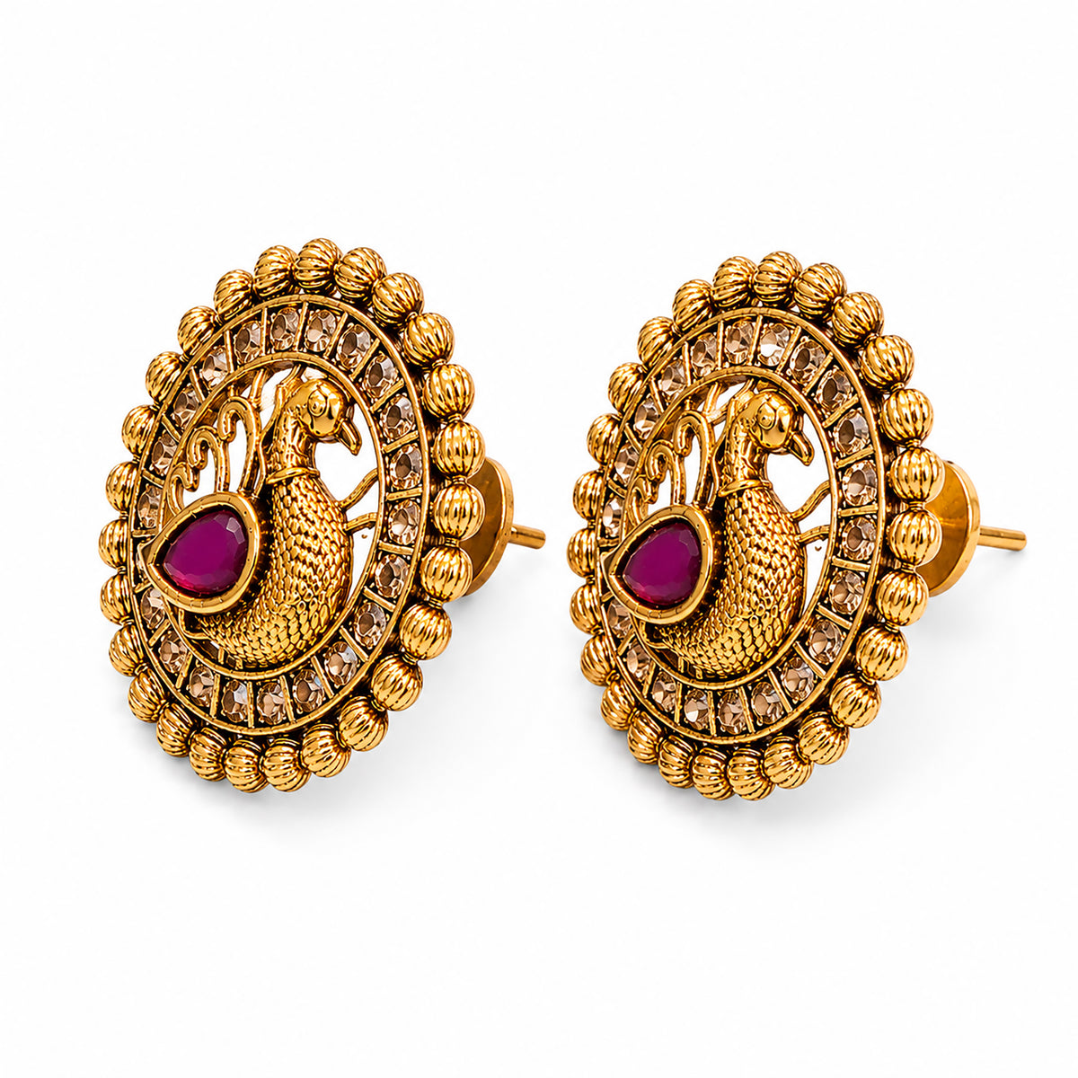 Matte Gold plated Round Large Sized Stud earring with Laxmi Design - Maroon (SJE_350_M)