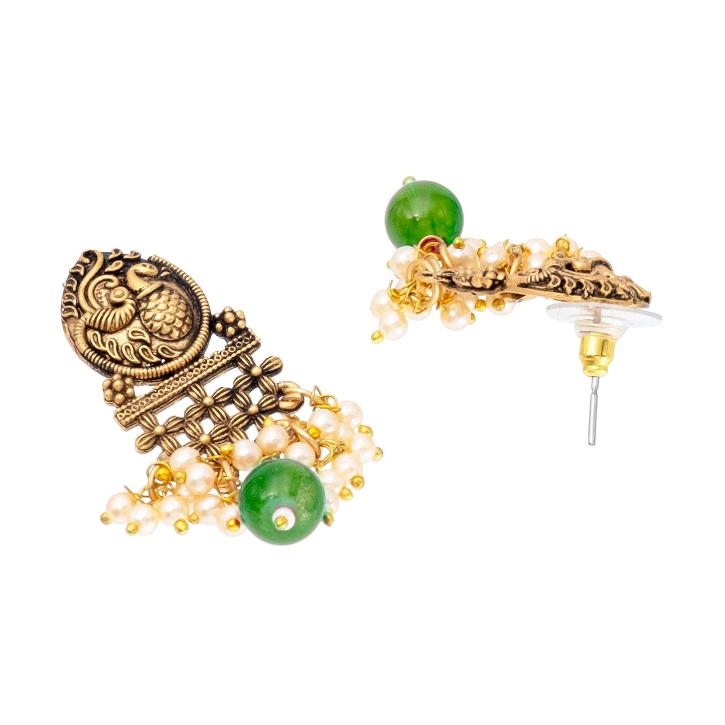 Traditional Indian Matte Antique Gold Plated Oxidised Kundan,CZ, Studded Peacock Design Dori Necklace with Matching Earring Jewelry Set For Women - Gold Ruby Green (SJN_259_G_R_G)