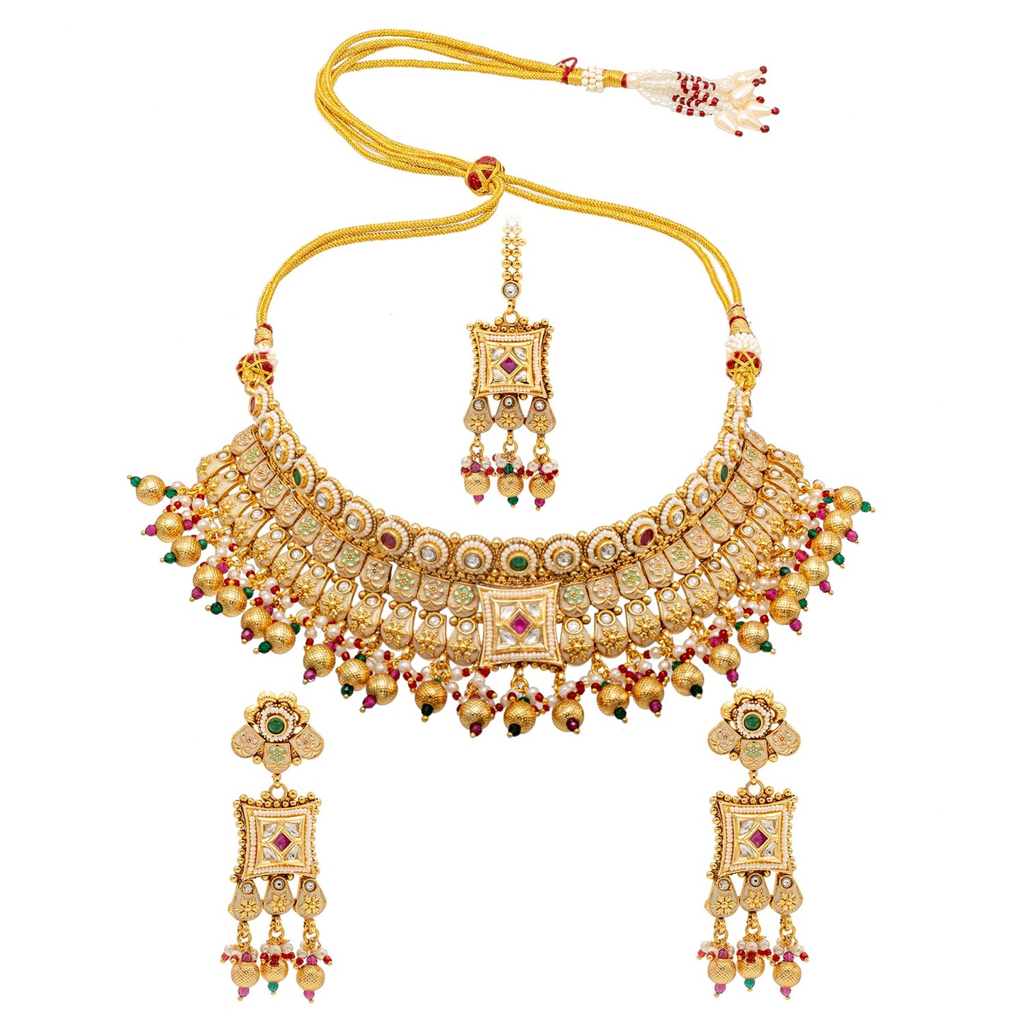 Shining Jewel Traditional Indian Gold Plated Kundan,CZ, Studded Choker Wedding, Bridal Dori Necklace with Matching Earring Jewelry Set For Women - Maroon, Green (SJN_272)