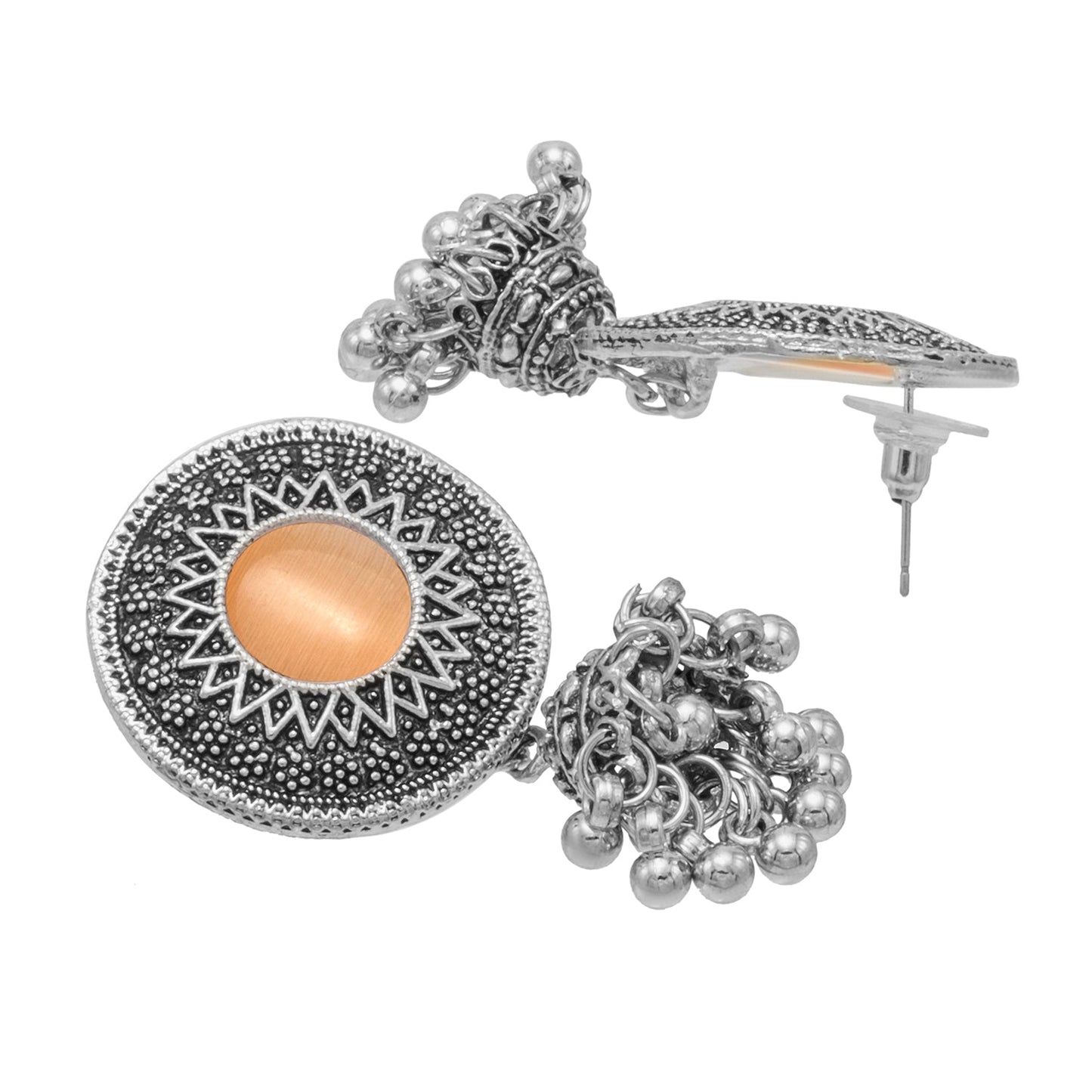 Shining Jewel Silver Plated Oxidised Stone Studed & Beaded Jhumki Design Tribal Necklace with Adjustable Dori Maching Earring Jewellery Jewelry Set (SJN_288_D1_PH)