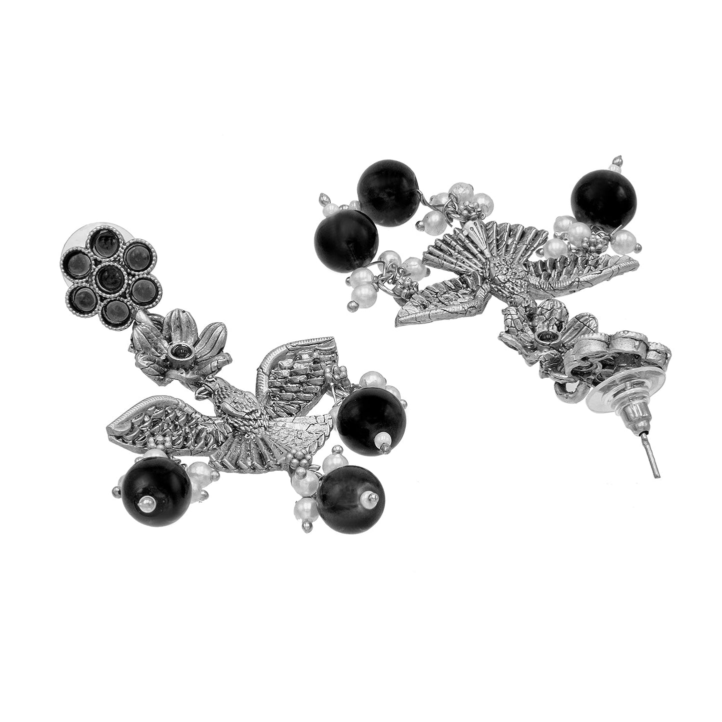 Antique Silver Oxidised Oxidized CZ,Pearl Beaded Fish and Flower Pendant Design With Matching Attractive Earring Long Jewellery Jewelry Necklace Set (SJN_297_S_M)