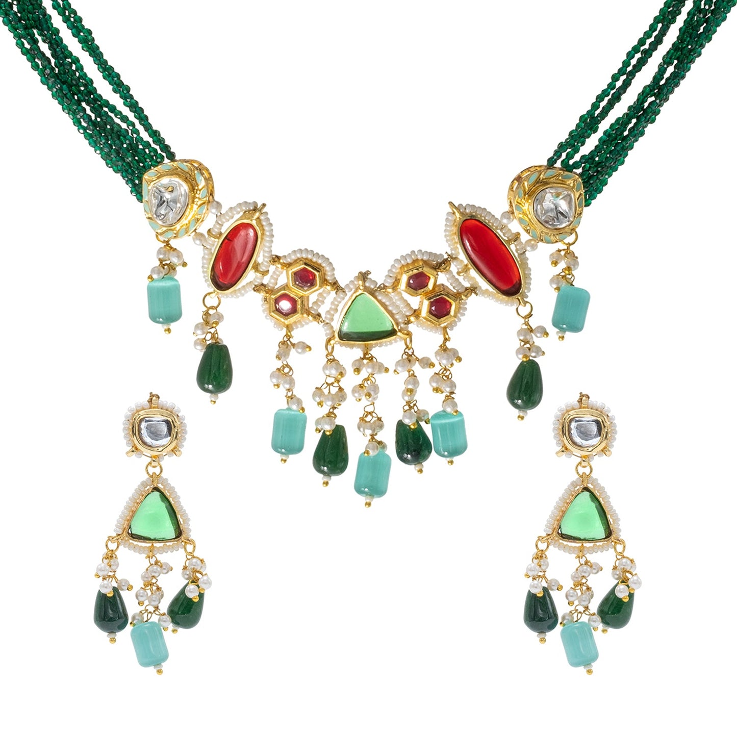 Shining Jewel Gold Plated Bridal Wedding Multicolored Kundan, CZ Pearl Beaded Choker Necklace with Drop Dangler Maching Earrings Jewellery Jewelry Set For Women (SJN_299.D5)