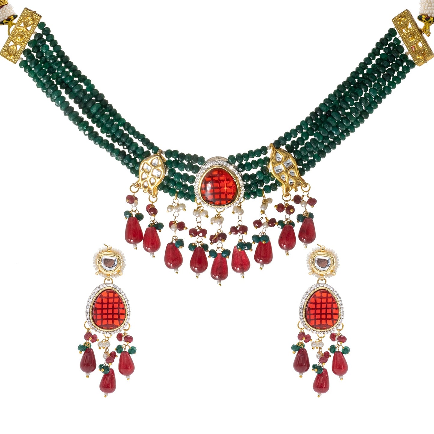 Shining Jewel Gold Plated Bridal Wedding Multicolored Kundan, CZ Pearl Beaded Choker Necklace with Drop Dangler Maching Earrings Jewellery Jewelry Set For Women (SJN_301.D4)