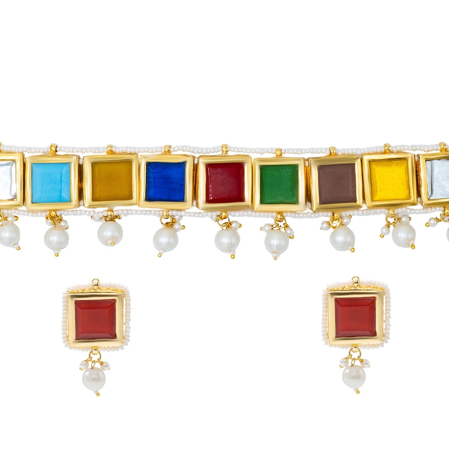 Shining Jewel Gold Plated Bridal Wedding Navaratna Design Pearl Studded Necklace with Drop Dangler Maching Earrings Jewellery Jewelry Set For Women ( SJN_302_MT)