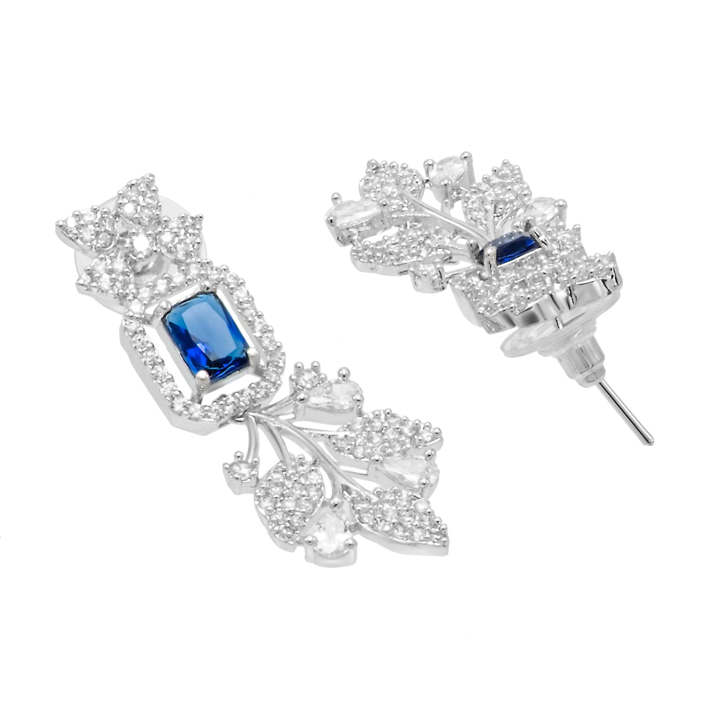 Shining Jewel by shivansh Western Rhodium Silver Plated CZ Stones, Crystals, & AD Crafted Elegant Flower Leaves Design with Maching Earring Bridal Necklace Set for Women - Blue Colour (SJN_308_S_BL)
