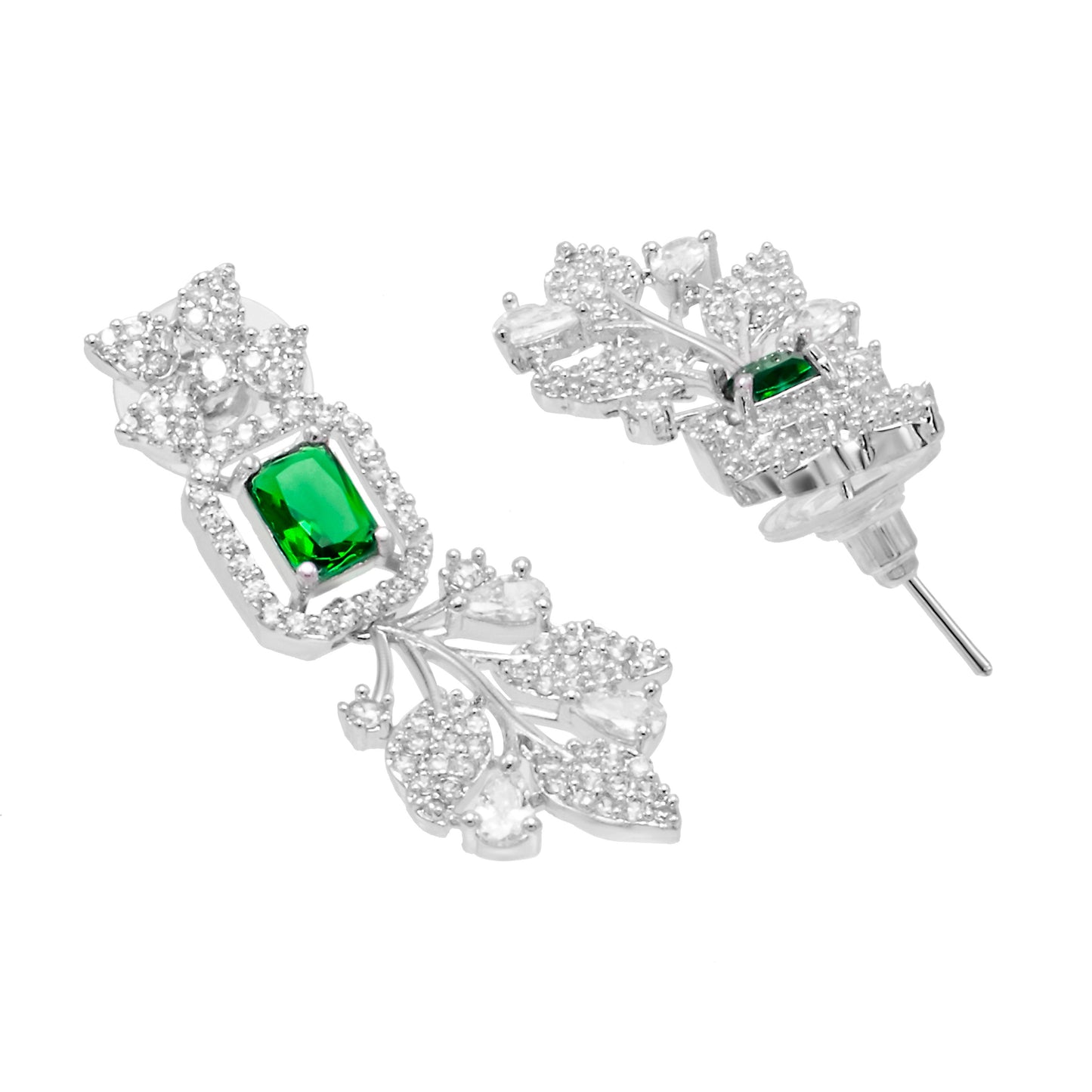 Shining Jewel by shivansh Western Rhodium Silver Plated CZ Stones, Crystals, & AD Crafted Elegant Flower Leaves Design with Maching Earring Bridal Necklace Set for Women - Green Colour (SJN_308_S_G)