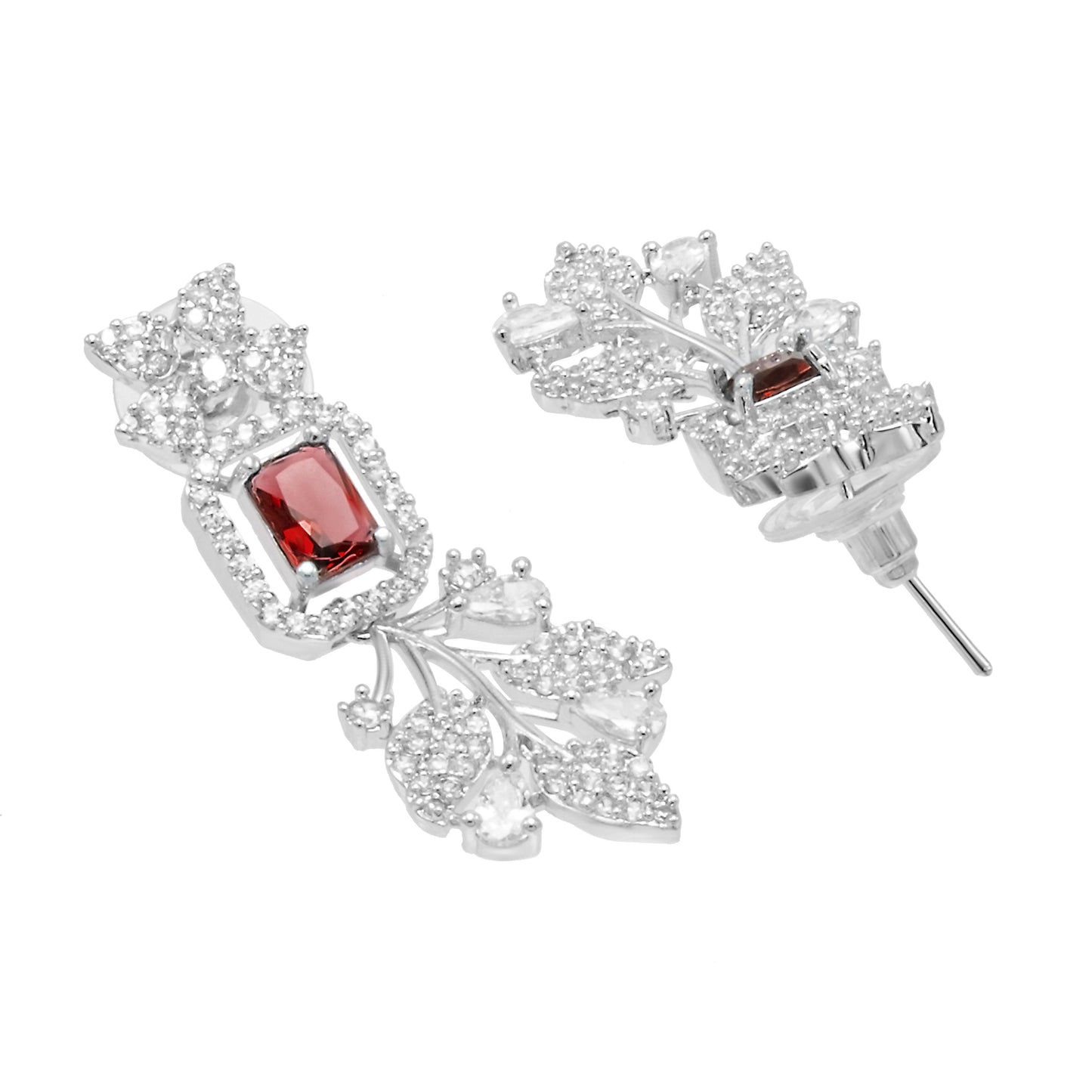 Shining Jewel by shivansh Western Rhodium Silver Plated CZ Stones, Crystals, & AD Crafted Elegant Flower Leaves Design with Maching Earring Bridal Necklace Set for Women - Red Colour (SJN_308_S_R)