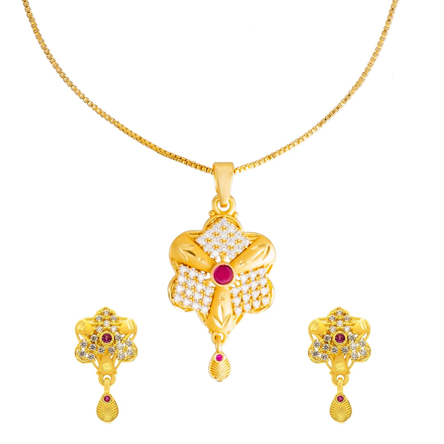 Shining Jewel by Shivansh Gold Plated CZ Stone Flower Pendant Necklace Set with Matching Earrings for Women & Girls SJN_335