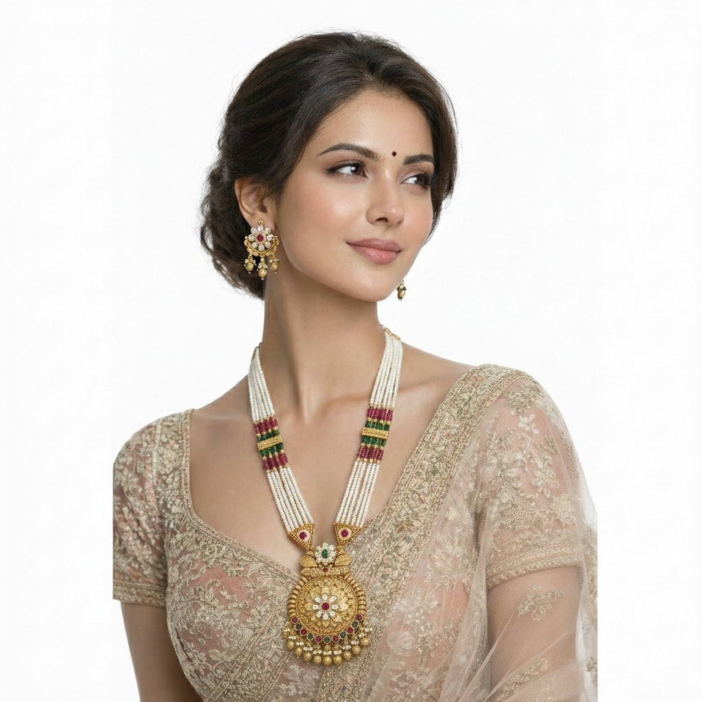 Shining Jewel by Shivansh Traditional Handcrated Multi-Strand Pearl & Solatire,CZ,Crystal, Kundan Long Necklace Set with Earrings & Adjustable Dori for Women - SJN_341