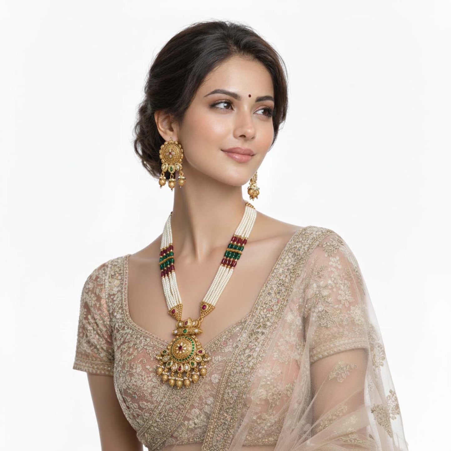 Shining Jewel by Shivansh Handcrated Traditional Multi-Strand Pearl & Kundan Long Necklace Set with Earrings & Adjustable Dori for Women - SJN_343