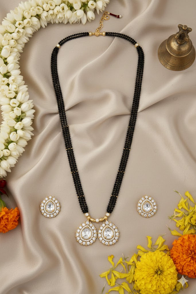 Traditional Long Black Beads Tanmaniya Mangalsutra with Antique Gold Plated Pendant for Women (SJN_347_D3)