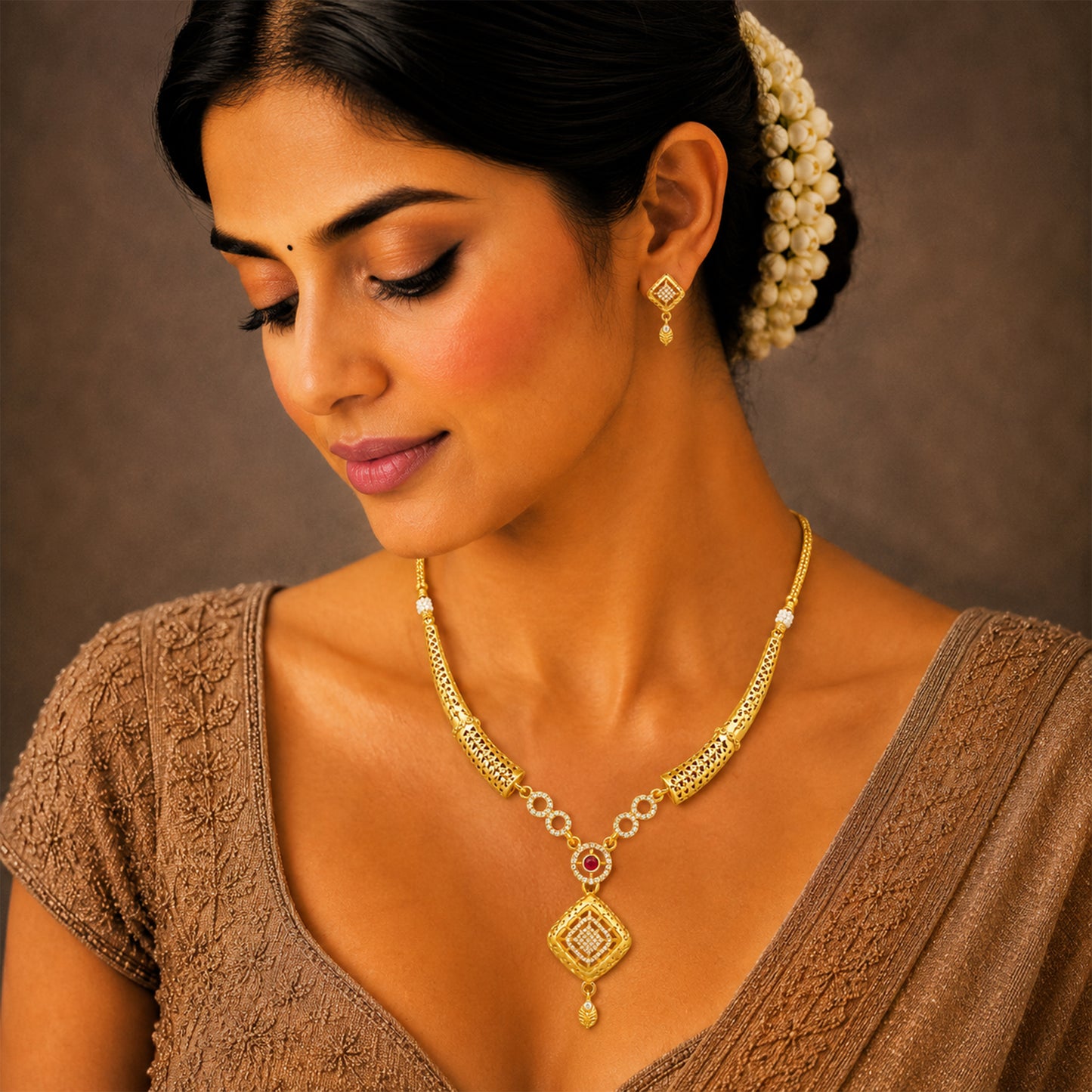 Gold Plated Traditional Indian Kundan,CZ, Pearl Studded Adjustable Dori Necklace with Matching Earrings Jewellery Set for Women (SJN_367_D4)