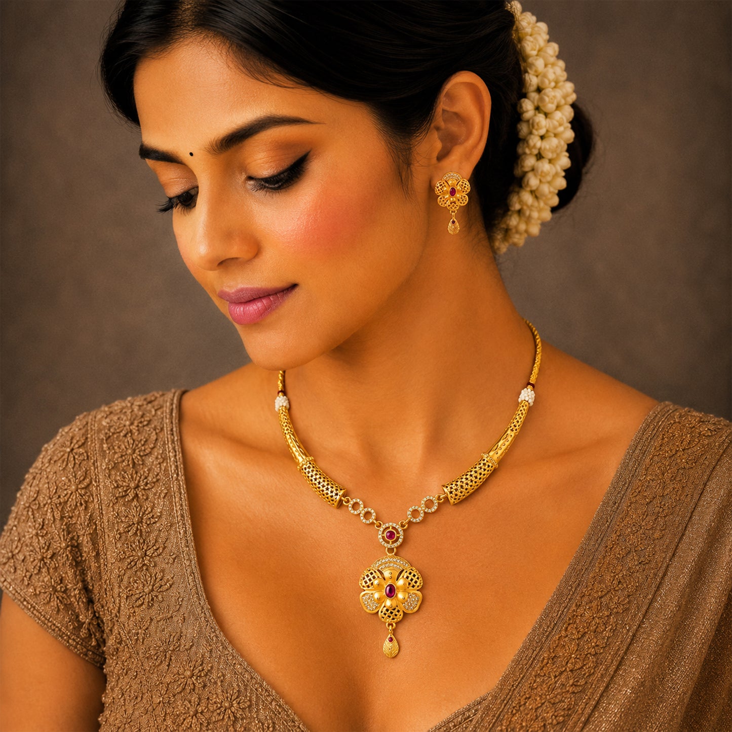 Gold Plated Traditional Indian Kundan,CZ, Pearl Studded Adjustable Dori Necklace with Matching Earrings Jewellery Set for Women (SJN_367_D5)