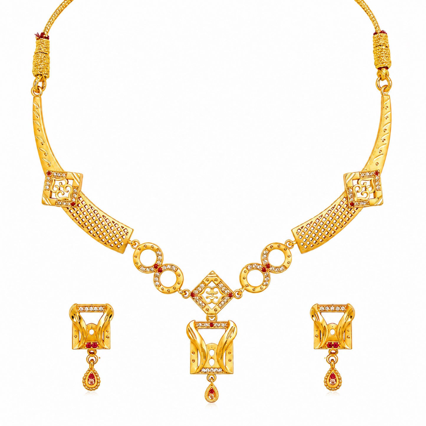 Traditional Indian Matte Gold Plated Indian Kundan,CZ, Pearl Studded Adjustable Dori Necklace with Matching Earrings Jewellery Set for Women (SJN_368_D1)