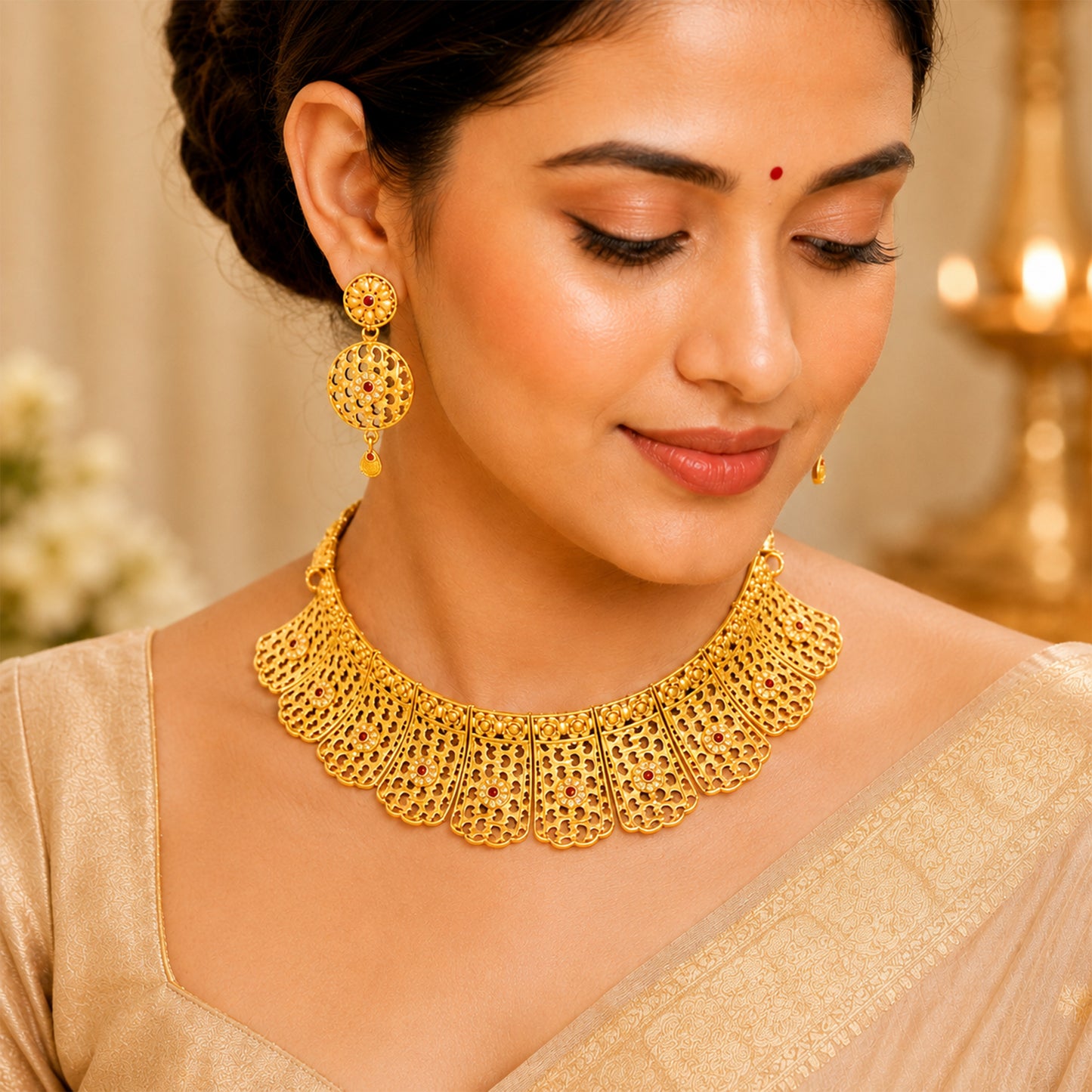 Traditional Indian Gold Plated Bridal Dulhan Choker Jewellery Set with Earrings For Women (SJN_369)