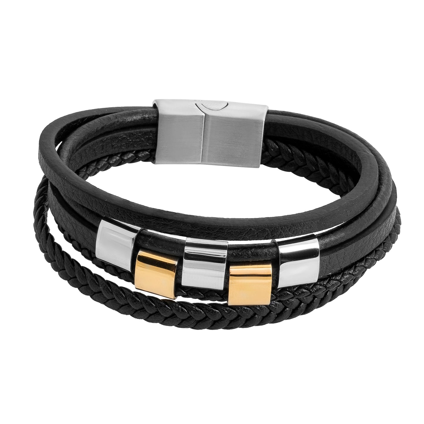 Men’s Braided Leather Bracelet Combo (Set of 3) - Black Designer Stainless Steel Magnetic Clasp Wristbands - SJLB_02