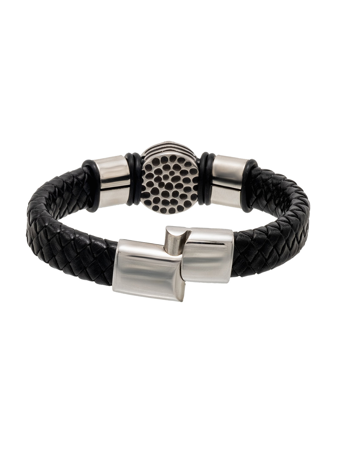 Silver Plated Matte Braided Design Stainless Steel and Leather Bracelet for Mens (SJ_3587_S)