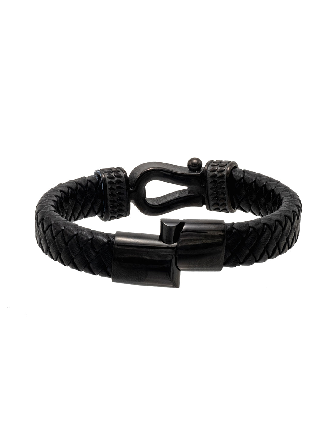 Braided Horseshoe Design Stainless Steel Leather Bracelet for Mens (SJ_3589_BK)