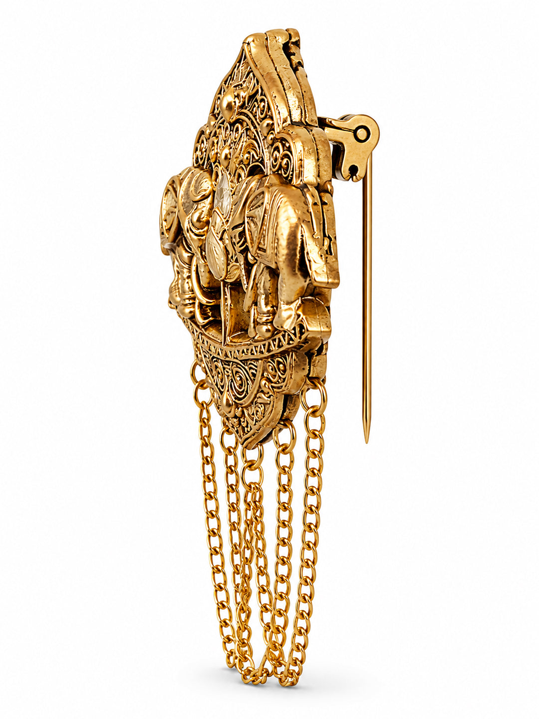 Antique Gold Plated Two Elephant Flower Motif Dulha Brooch with Chain Tassels for Men (SJ_9111_AG)