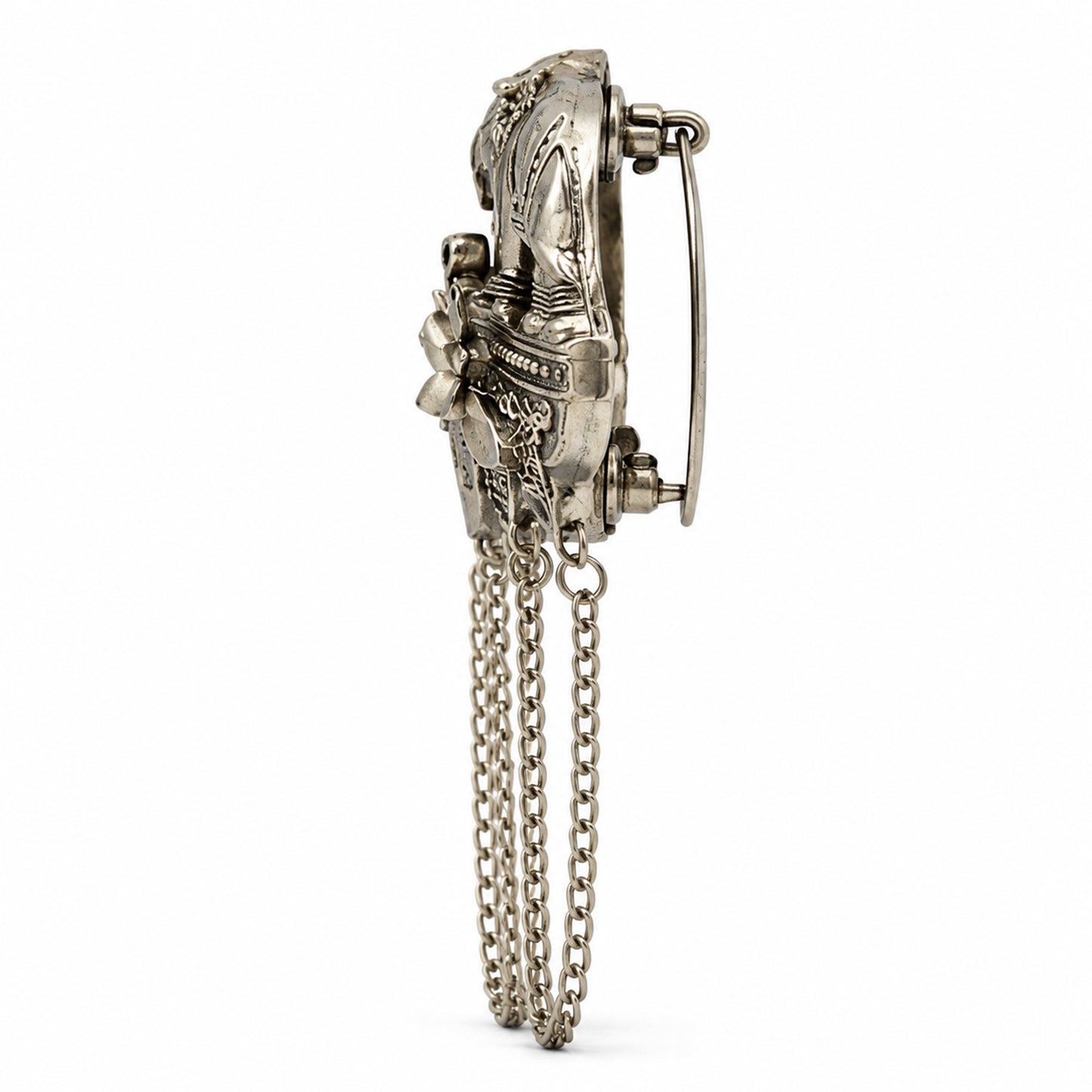 Antique Silver Plated Two Elephant Flower Motif Dulha Brooch with Chain Tassels for Men (SJ_9112_AS)