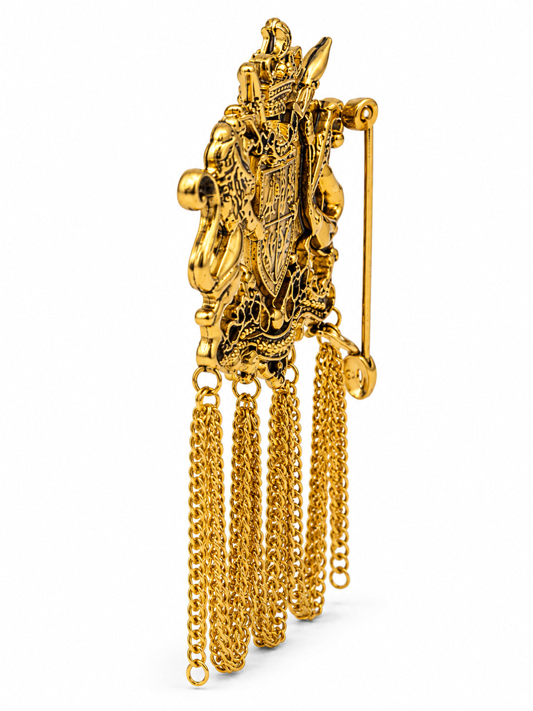 Antique Gold Plated Royal Lion Crest Dulha Brooch with Chain Tassels for Men (SJ_9113_AG)