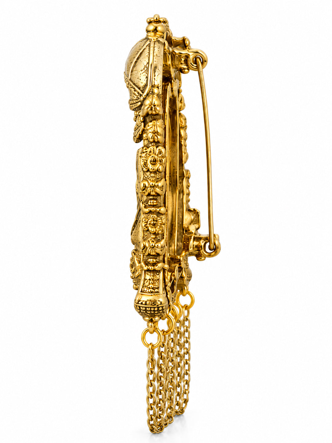 Traditional Antique Gold Plated Dulha Dulhan with Chain Tassels Design Brooch for Men (SJ_9117_AG)