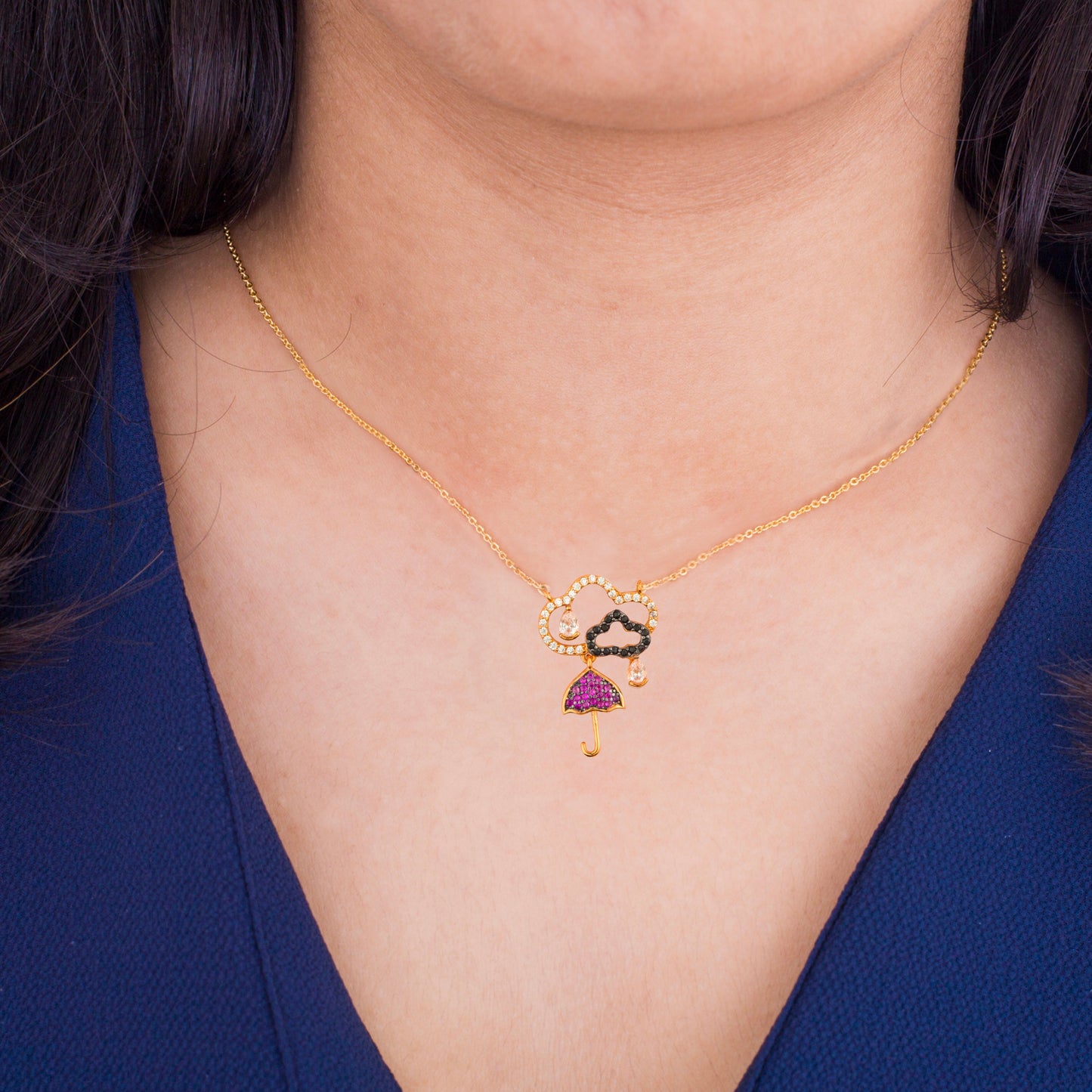 22K Gold Plated Valentine Romantic Heart and Umbrella Pendant Necklace for Girls, Teens & Women (MD_2036)