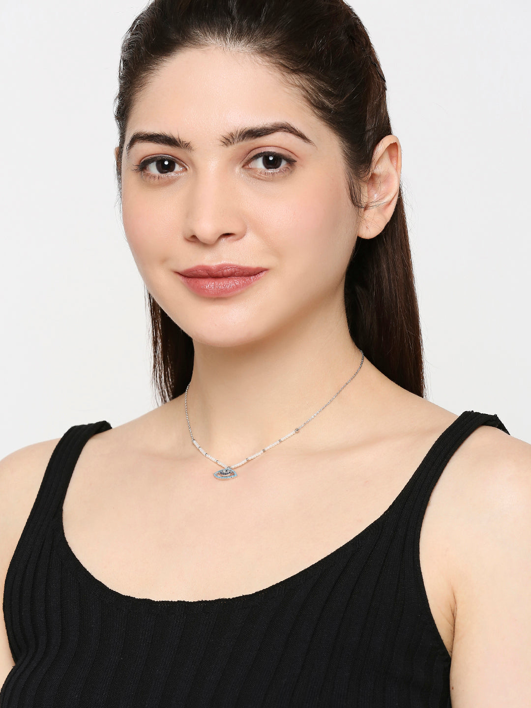 Sterling Silver Plated American Diamond,Pearl Evil Eye Necklace For Girls,Teens,Women (MD_2076)