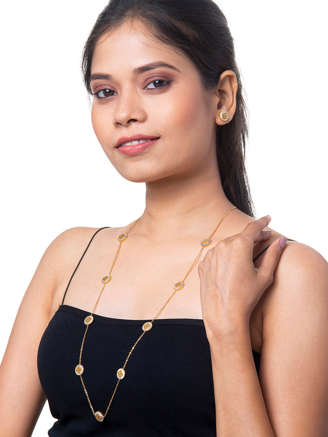 Gold Plated Long Chain Alhambra Clover Necklace With Matching Earring For Girls, Teens & Women MD_2142_GW