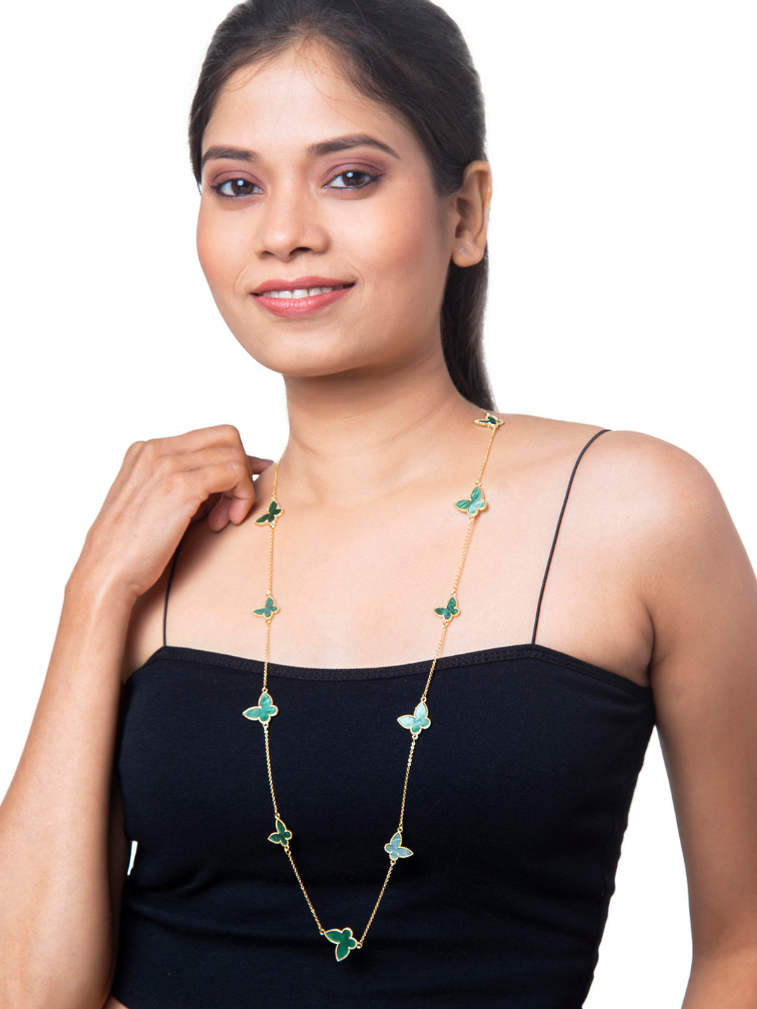 Green Onyx Gold Plated Butterfly Designer Chain Necklace For Girls, Teens & Women MD_2152_G