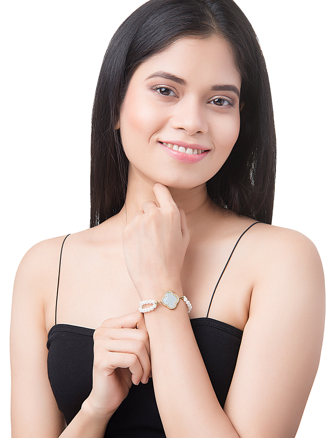 CZ Studded Gold Plated Designer Stylish and Latest Flower Clover & Hamsa Charm Pearl Bracelet for Girls & Women (MD_3215_LG)