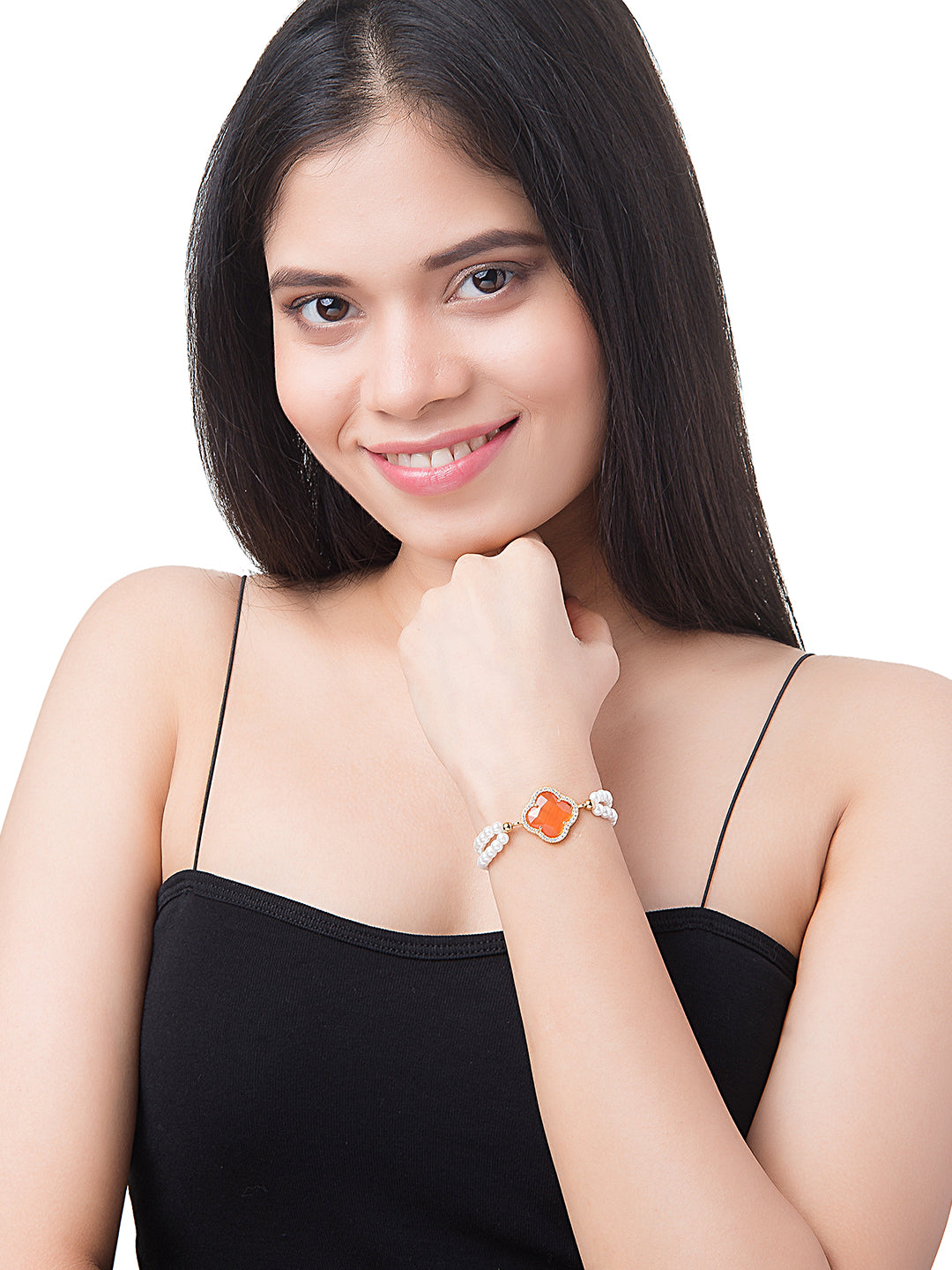 CZ Studded Gold Plated Designer Stylish and Latest Flower Clover & Hamsa Charm Pearl Bracelet for Girls & Women (MD_3215_O)