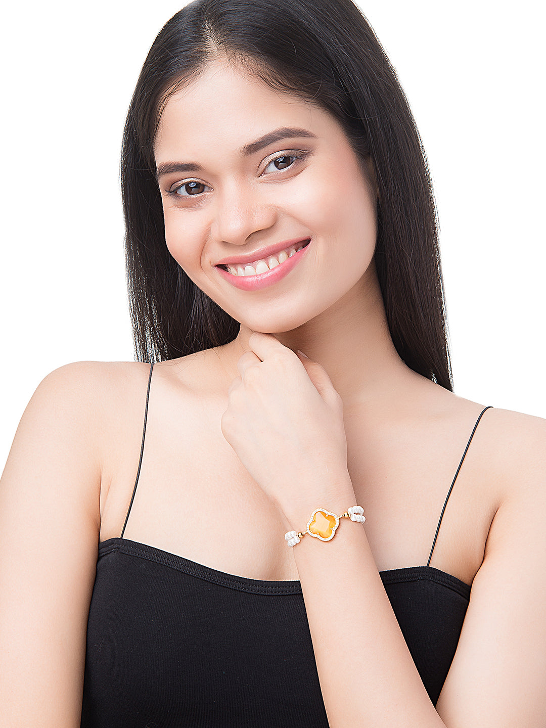 CZ Studded Gold Plated Designer Stylish and Latest Flower Clover & Hamsa Charm Pearl Bracelet for Girls & Women (MD_3215_Y)