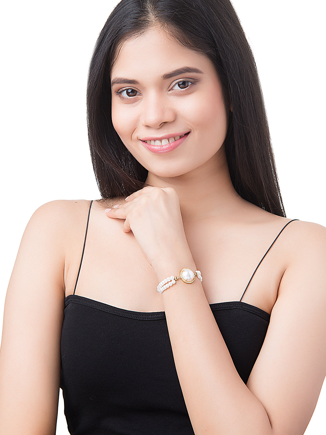 CZ Studded Gold Plated Designer Stylish and Latest Pearl Charm Bracelet for Girls & Women (MD_3216_G)