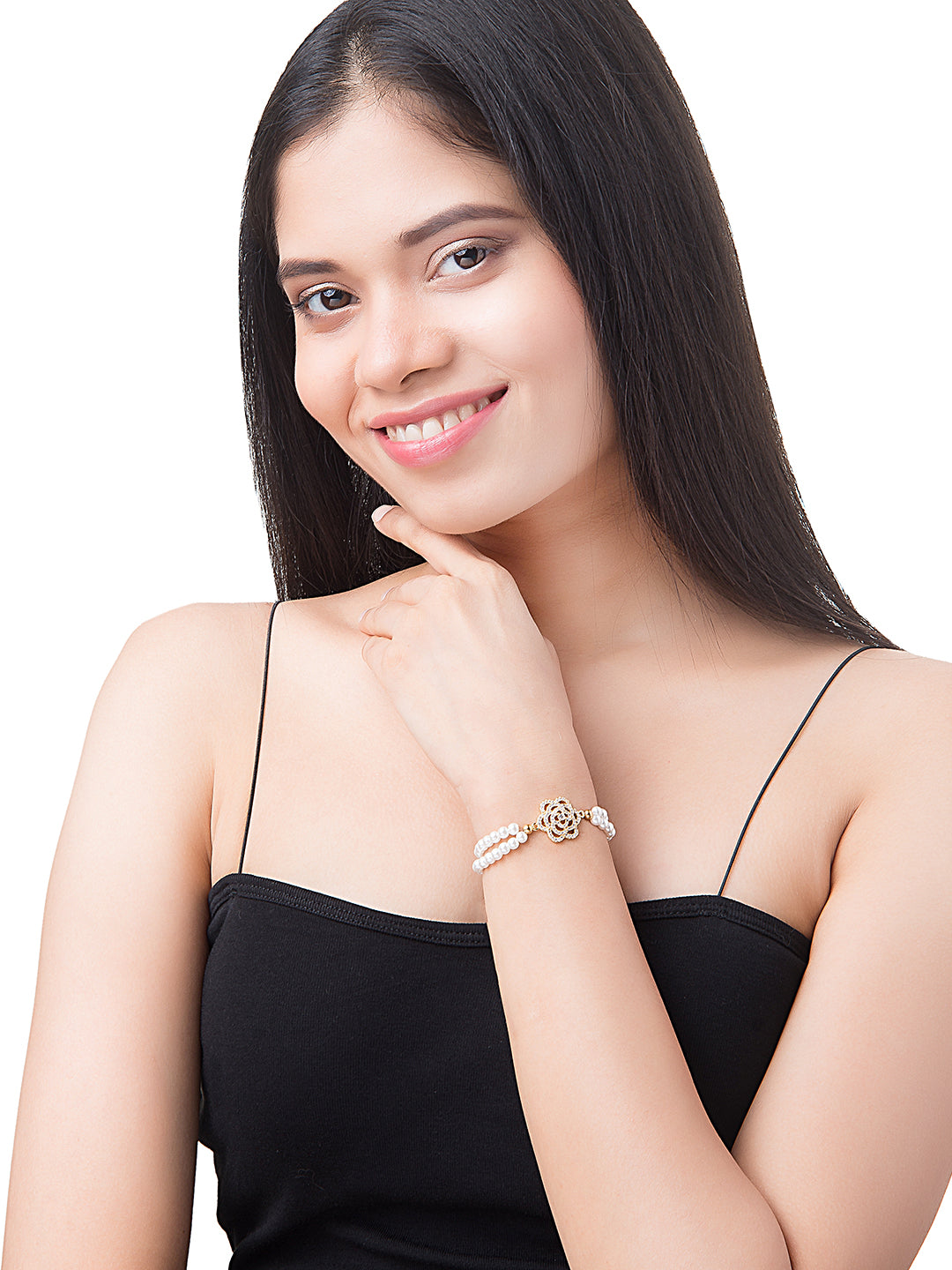 CZ Studded Gold Plated Designer Stylish and Latest Flower & Hamsa Charm Pearl Bracelet for Girls & Women (MD_3217_G)