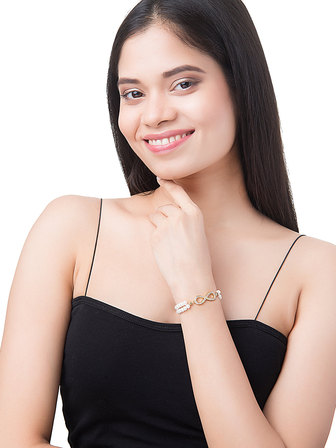 CZ Studded Gold Plated Designer Stylish and Latest Infinity & Hamsa Charm Pearl Bracelet for Girls & Women (MD_3220_G)